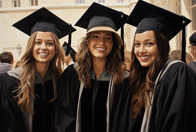 Foto studenti laureati con cappelli di laurea che sorridono nello stile dell'iperrealismo realistico