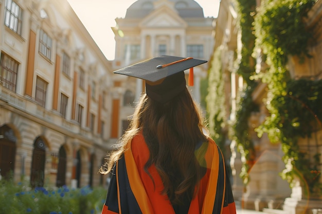 Graduate wearing graduation cap against a university background symbolizing academic achievement