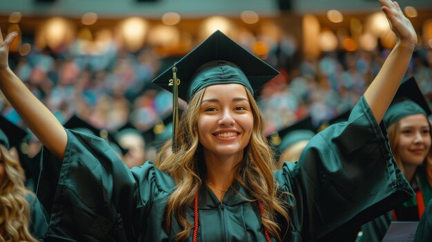 Graduate Woman in Cap and Gown Studying in Library