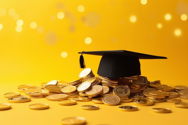 Photo graduated cap with coins on yellow background with bokeh saving for education grant concept