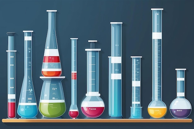 Photo graduated cylinders and volumetric flasks on display vector illustration in flat style