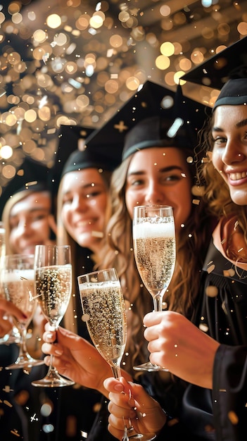 Foto i laureati festeggiano con lo champagne o fanno un brindisi con i loro amici confetti che volano dall'alto