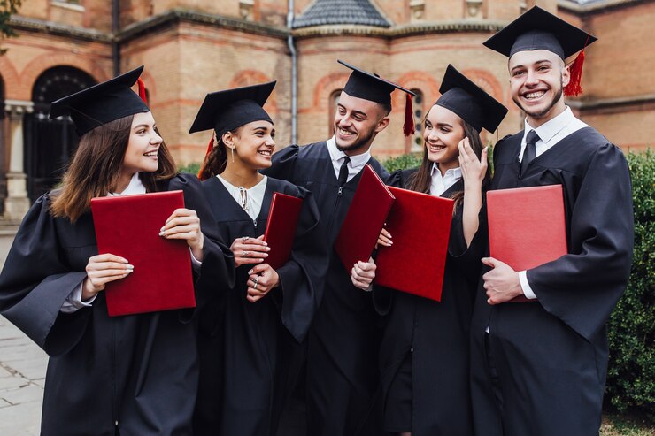Photo graduates embrace, enjoy and look at the camera on the graduation ceremony
