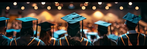 Graduates facing future bokeh lights in graduation ceremony anticipation and pride