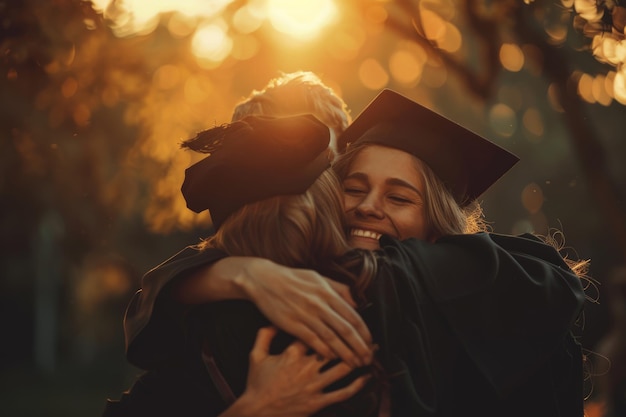 Graduates sharing a heartfelt embrace parents in golden hour light celebrating their journey