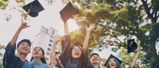 Photo graduates tossing caps into the air in celebration captured under a bright sky and trees symbolizing joy achievement and new beginnings