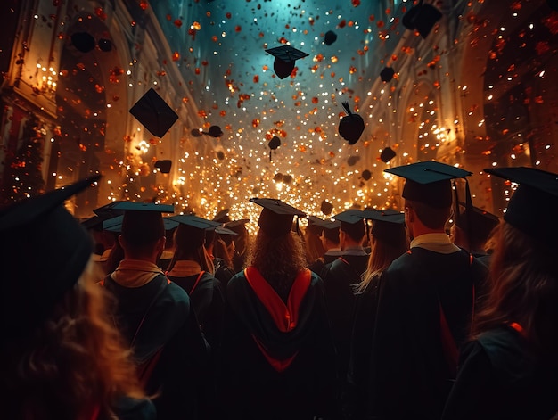 Photo graduates tossing their cap in the air