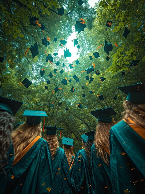 Foto laureati che lanciano il cappello in aria