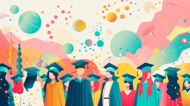 다채로운 추상적인 배경 포스트카드에 졸업 모자를 가진 졸업생