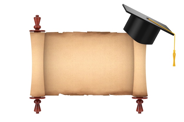 흰색 배경에 빈 오래 된 종이 스크롤 양피지 모형 위에 졸업 학술 모자. 3d 렌더링