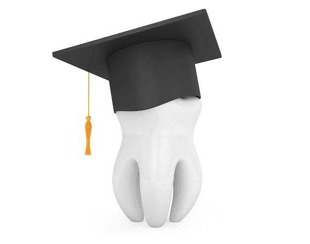 Berretto accademico di laurea con dente bianco su sfondo bianco