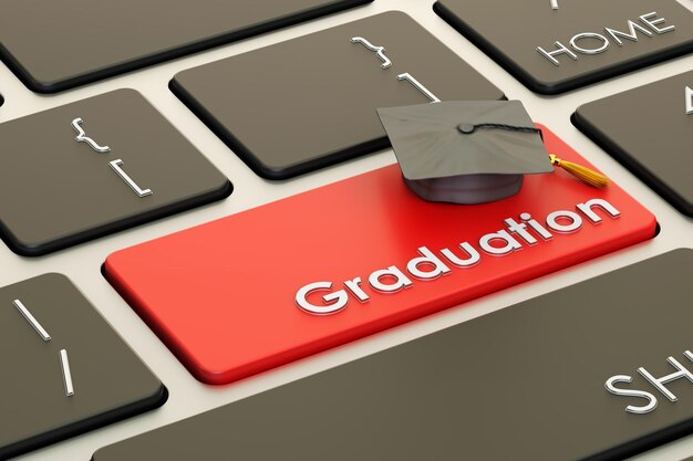 Photo graduation button red key on keyboard 3d rendering