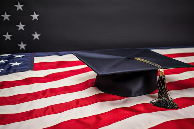 Выпускной колпачок на американском флаге Концепция образования и выпуска