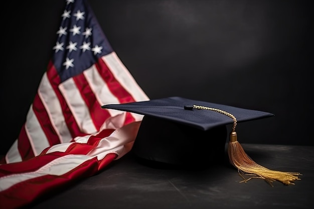 A graduation cap on the American flag