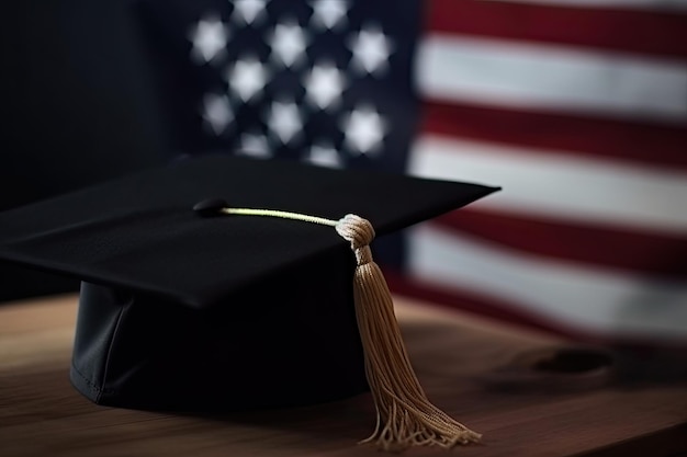 A graduation cap on the American flag