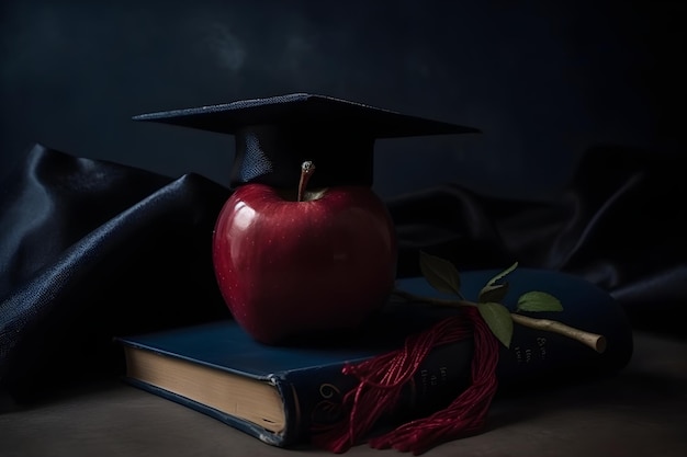 Graduation cap apple and diploma on wooden table