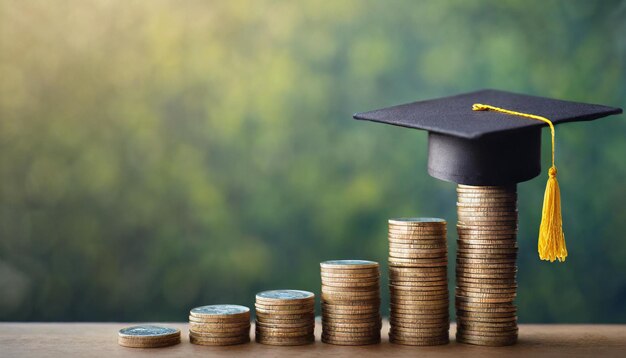 Photo graduation cap atop growing coins symbolizes student debt payment and financial planning