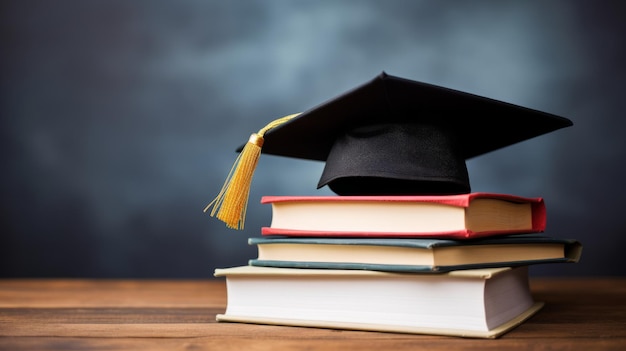 Photo a graduation cap atop a stack of books representing achievement