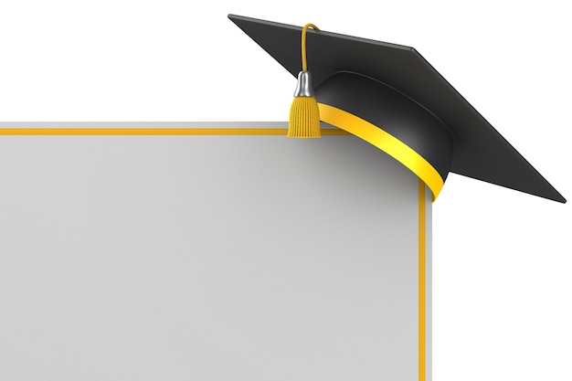 Photo graduation cap and banner on white background. isolated 3d illustration