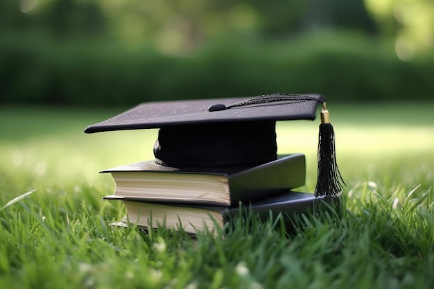 Photo graduation cap on the books about graduating in the greenery generative ai