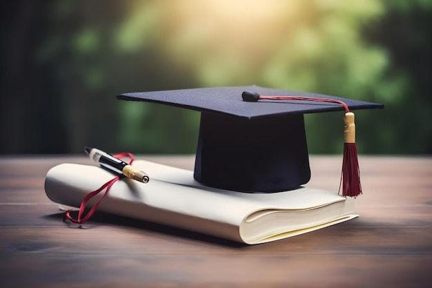 Graduation cap on books Concept of education back to school Generative AI