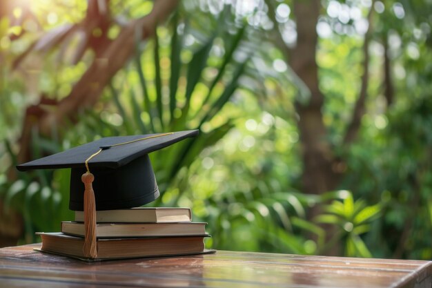 Photo graduation cap and books on the table