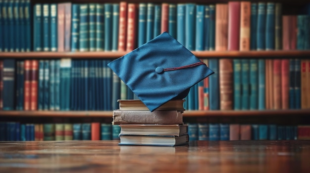 Graduation Cap on Bookshelf