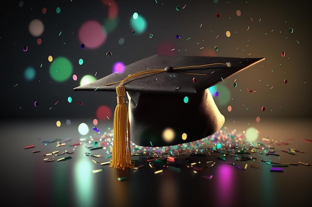 Graduation cap on a dark background with confetti AI generation