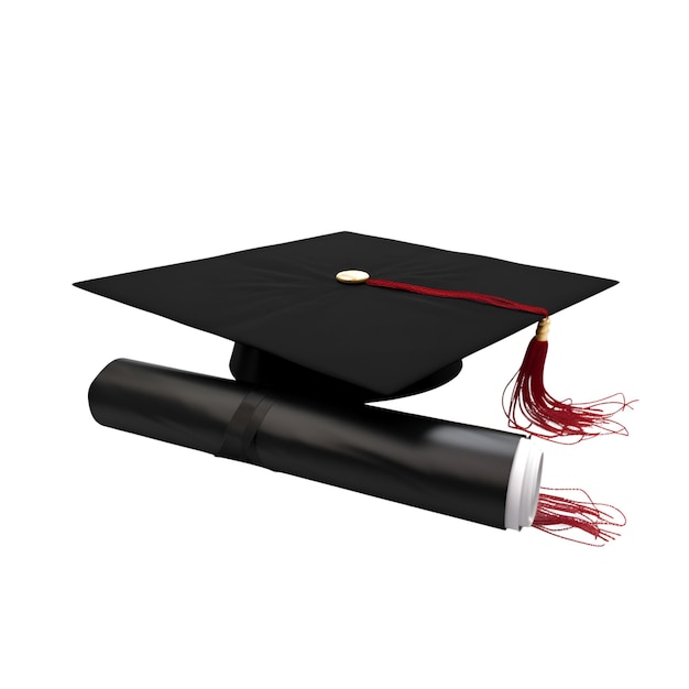 Graduation cap and diploma isolated on white background 3D illustration