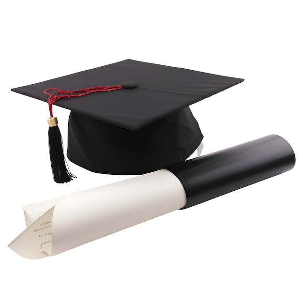 Выпускной колпачок и диплом на белом фоне 3D рендеринг