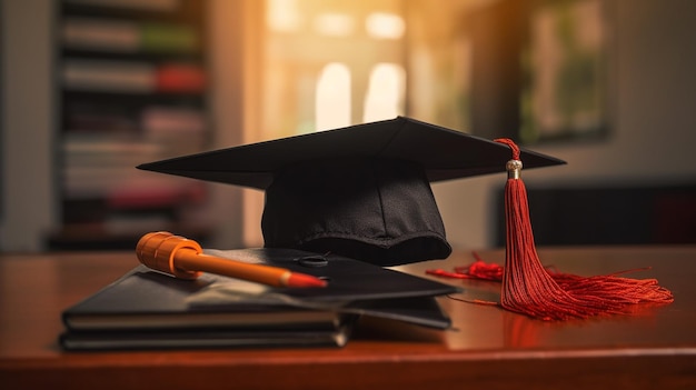 Graduation cap and diploma on the table in a courtroom or enforcement officegenerative ai