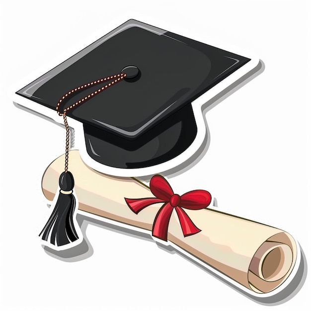 a graduation cap and a diploma with a ribbon around it