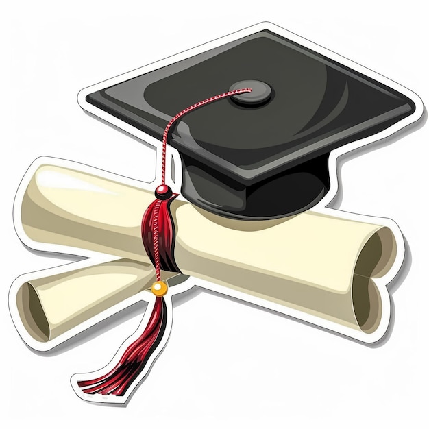 a graduation cap and a diploma with a ribbon around it