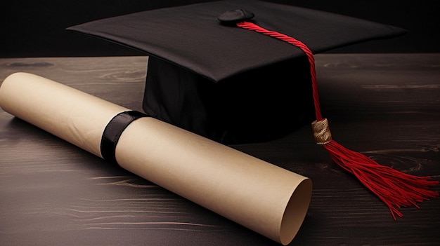 A graduation cap and a diploma on a wooden table