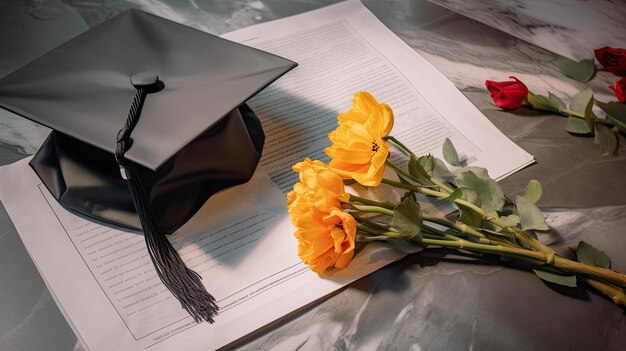 Photo a graduation cap and flowers on the table