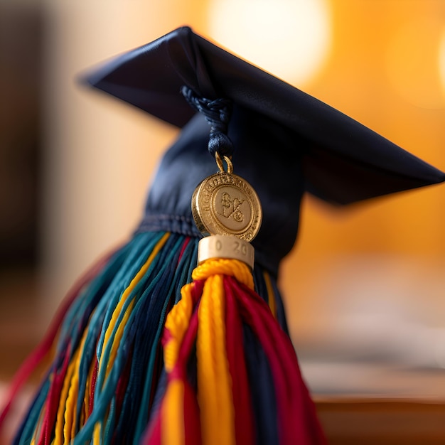 Graduation cap and gold medal with colorful ribbons on blurred background