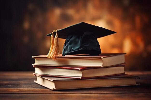 A Graduation cap hat on top of stacked books