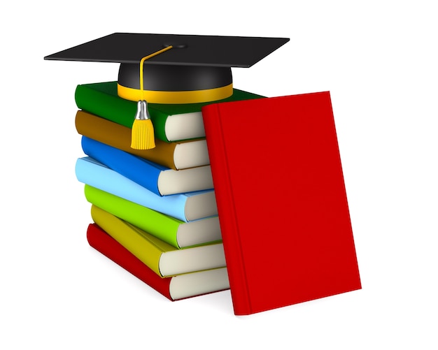 Graduation cap and pile books on white