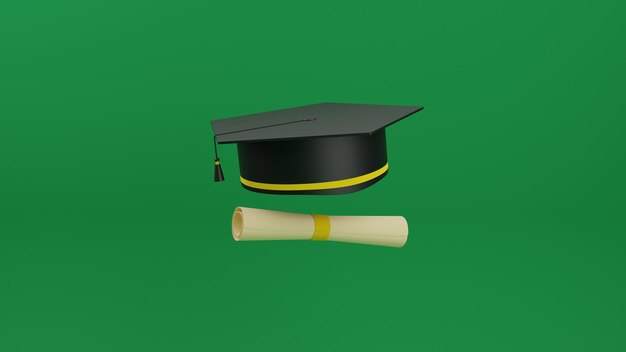 Foto un cappello di laurea e una pergamena su uno sfondo verde