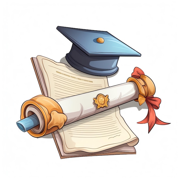 A graduation cap and scroll of paper