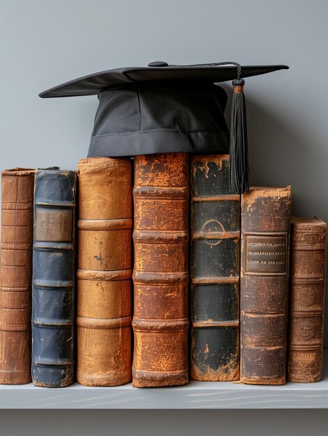 Photo a graduation cap sits on books