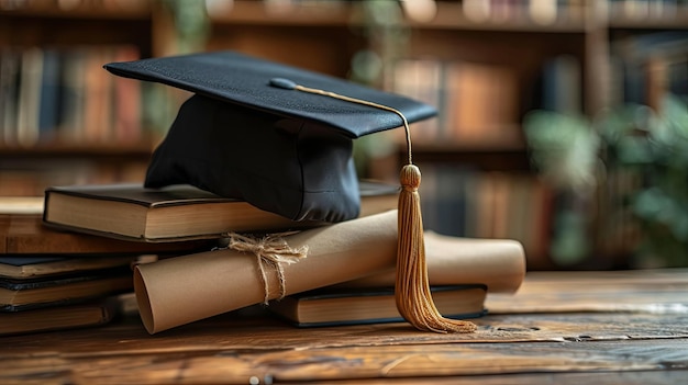 a graduation cap sits on books