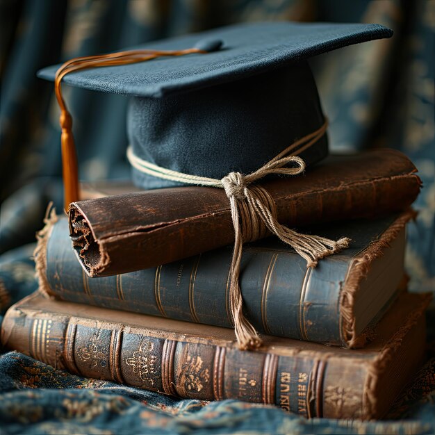 Foto un berretto di laurea si siede sui libri