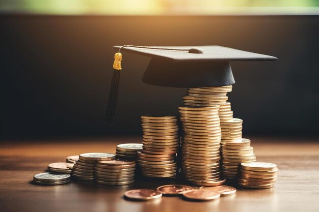 a graduation cap sits on a stack of coins with a graduation cap on top of it