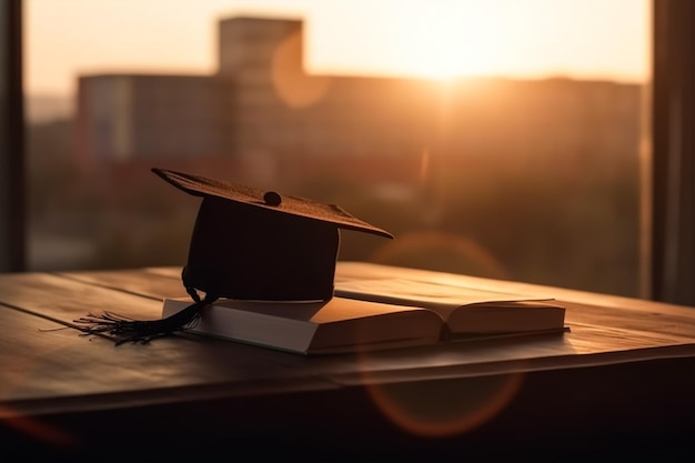 A graduation cap sits on top of a book on a table.