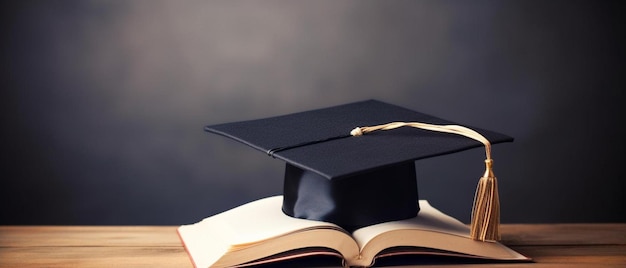 Photo a graduation cap sits on top of a book with a pen on top