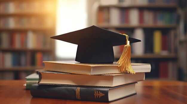 A graduation cap sits on top of a stack of books.