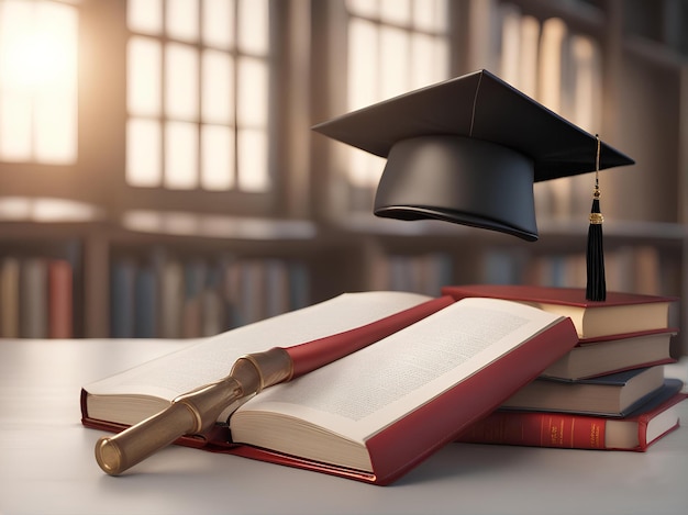 A graduation cap sits on top of a stack of books