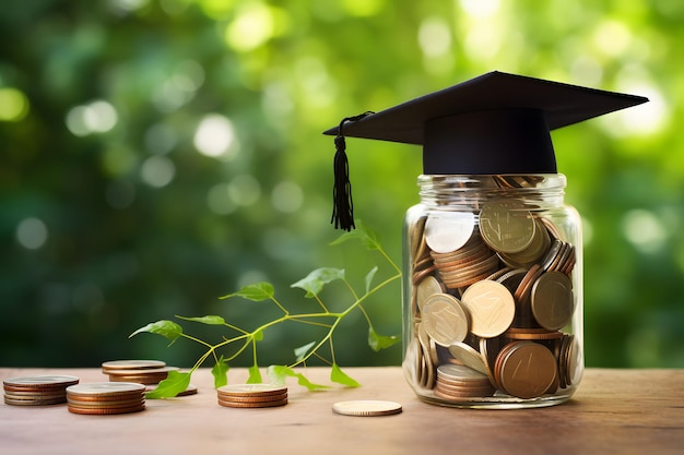 A graduation cap sitting on top of a jar filled with coins