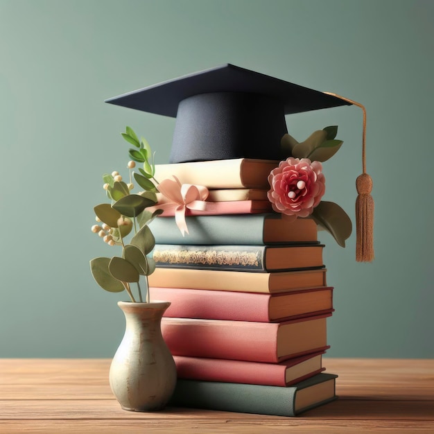 Graduation cap on stack of books on color background ai generative